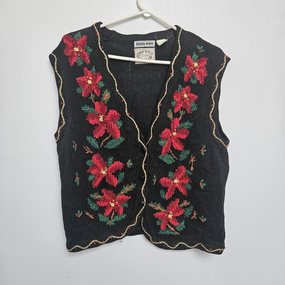 Vintage Sweaters - Vintage Hand Knit Button Down Vest Sz M  Red Poinsettia Flowers Festive Sweater